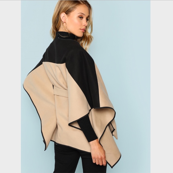 New! Belted Kimono Cape Coat Black & Nude - Picture 3 of 8